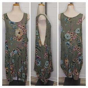 Sleeveless Olive Green Floral Midi Dress